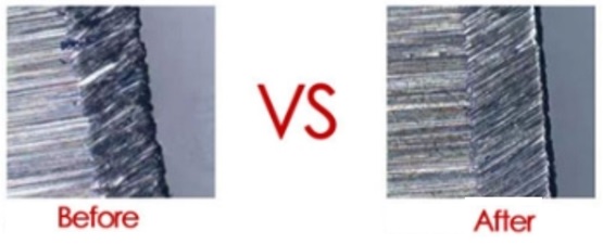 להב סכין לפני ואחרי השחזה באבן השחזה - צילום מיקרוסקופ