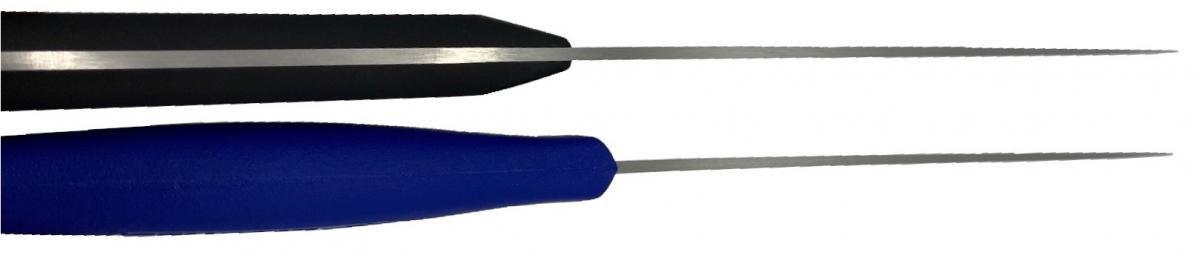חלוקת משקל להב סכין שף גורמה (עליון בתמונה) לכל אורך הסכין מעקב הידית לקצה הלהב, בעובי פלדה משתנה – לאיזון מושלם