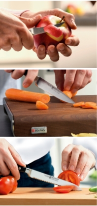 סכיני ירקות בפעולה - קולפים תפוח וקוצצים ירקות על הקרש