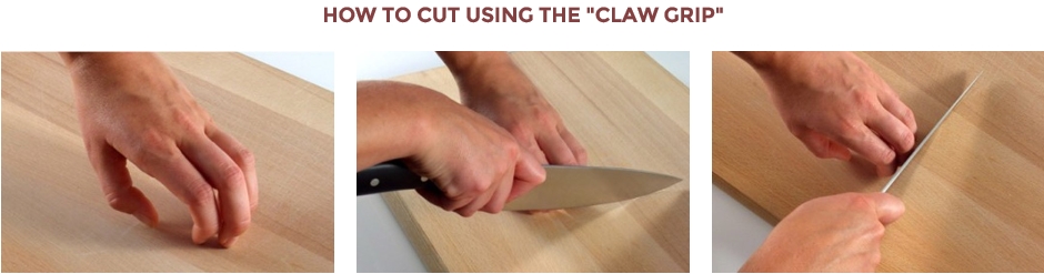 הדגמה כיצד לאחוז בחומר גלם שחותכים בסכין מטבח