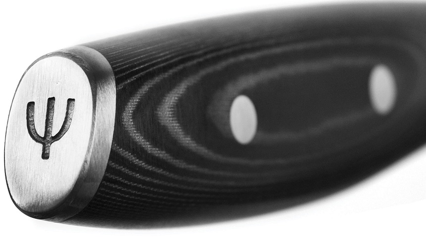 ידית הסכין עשויה Canvas-Micarta שחור מסומרת וטבעת איזון אחורית